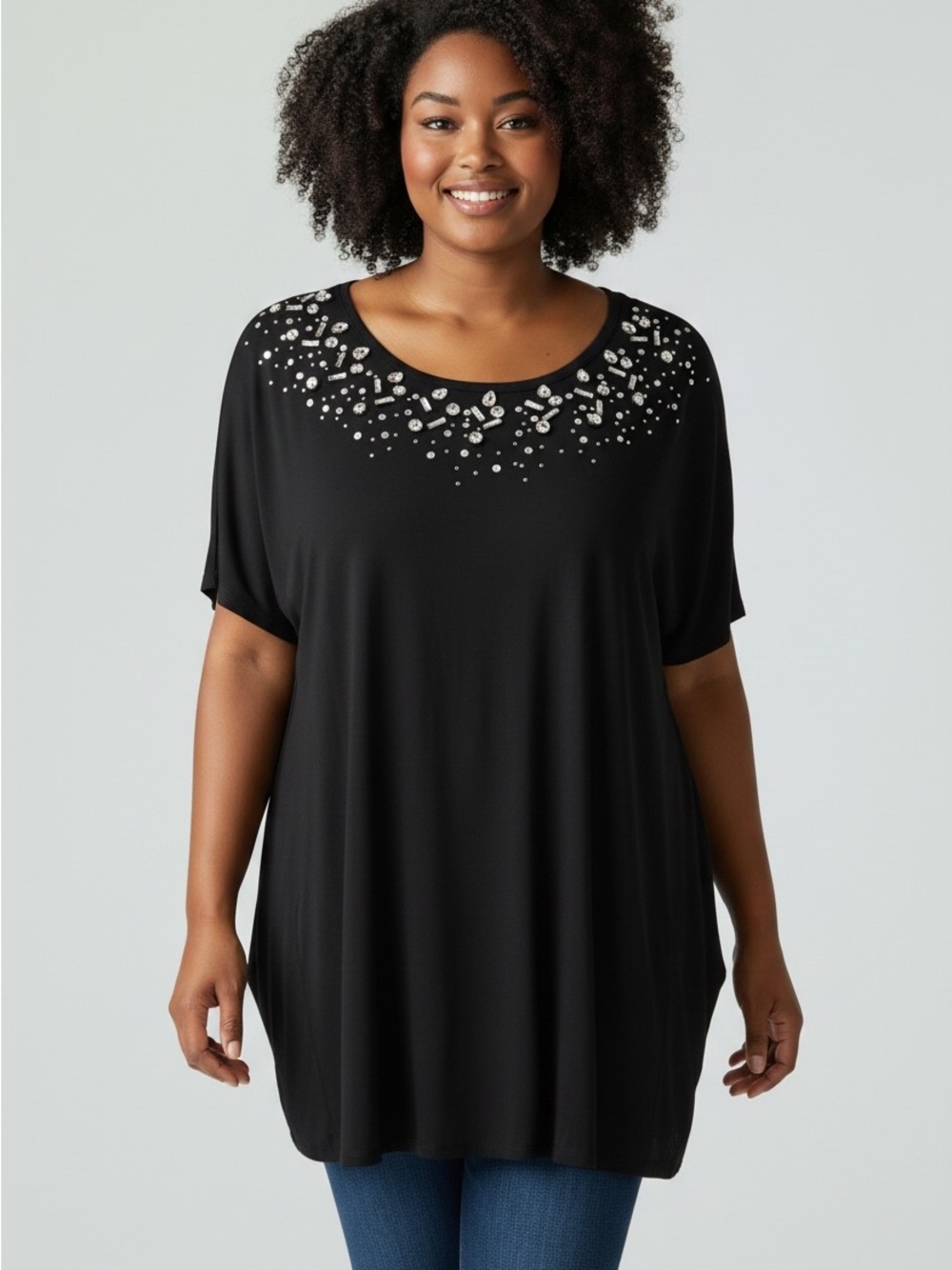 INC International Embellished Short Sleeve Top Black